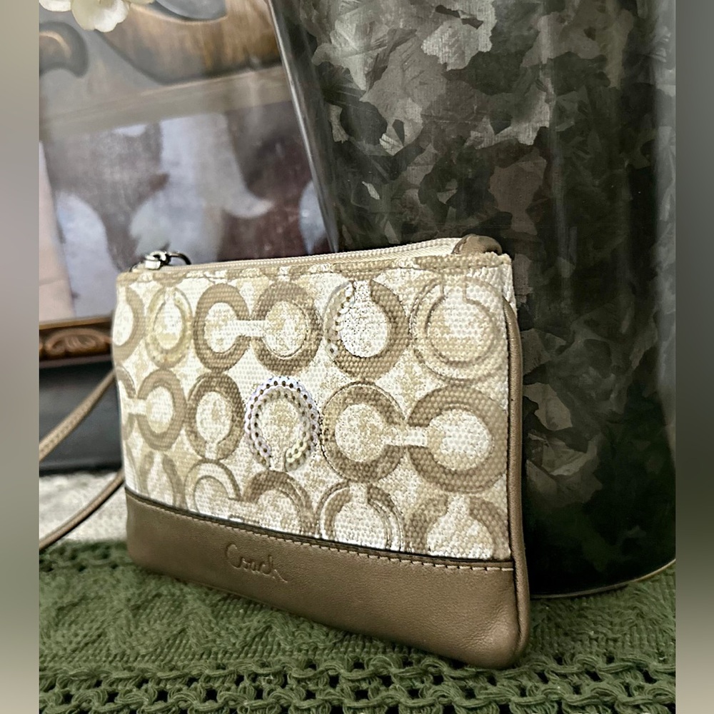 Coach Beige Signature Logo Wristlet with Metallic Accents - Picture 7 of 15